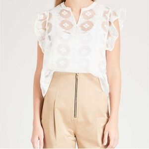 Sandro Women Floral Victoria Embroidered Lace Top White Floral Ruffle Sheer Sz 3